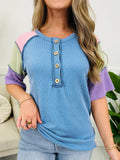 Twisted Rib Color Block Patchwork Short Sleeve Henley Top