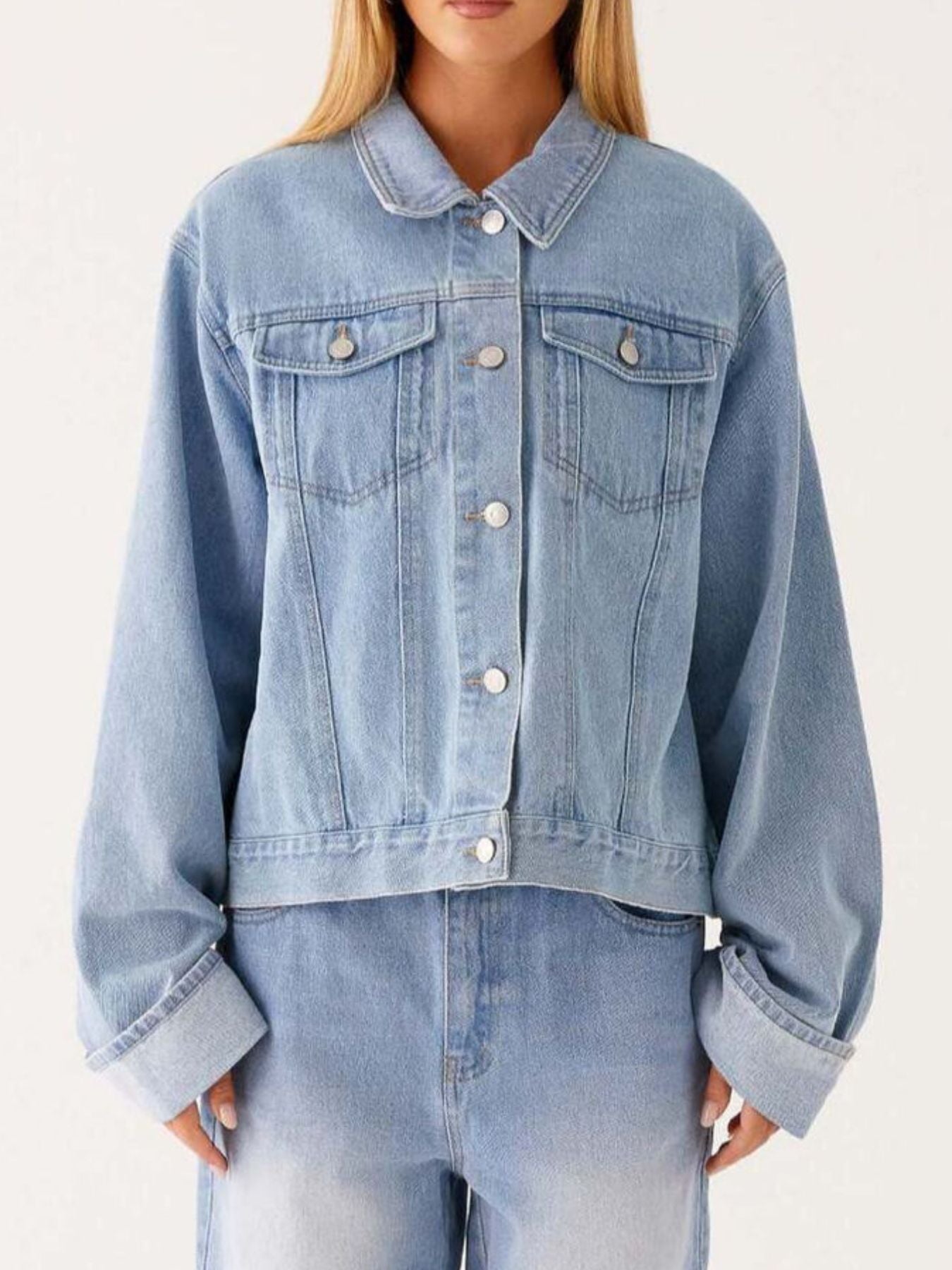 Button Down Cropped Oversized Denim Jacket