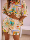 Printed Button Up Shirt and Shorts Set