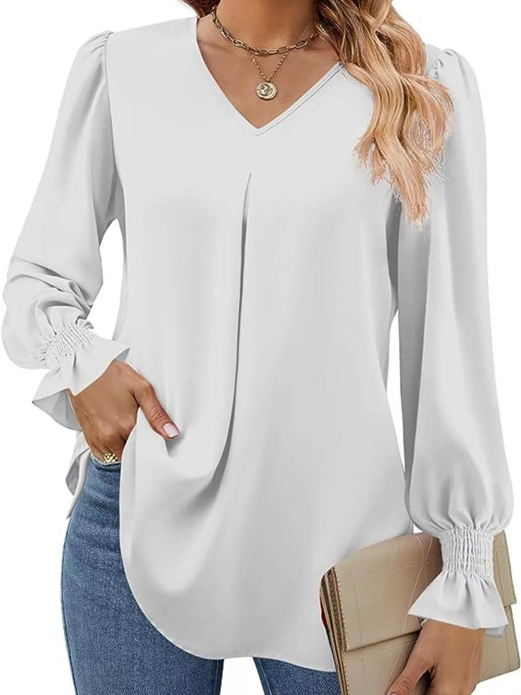 V-Neck Long Sleeve Ruffle Cuff Blouse