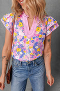 Floral Print Striped Color Block Patchwork V Neck Flutter Sleeve Blouse