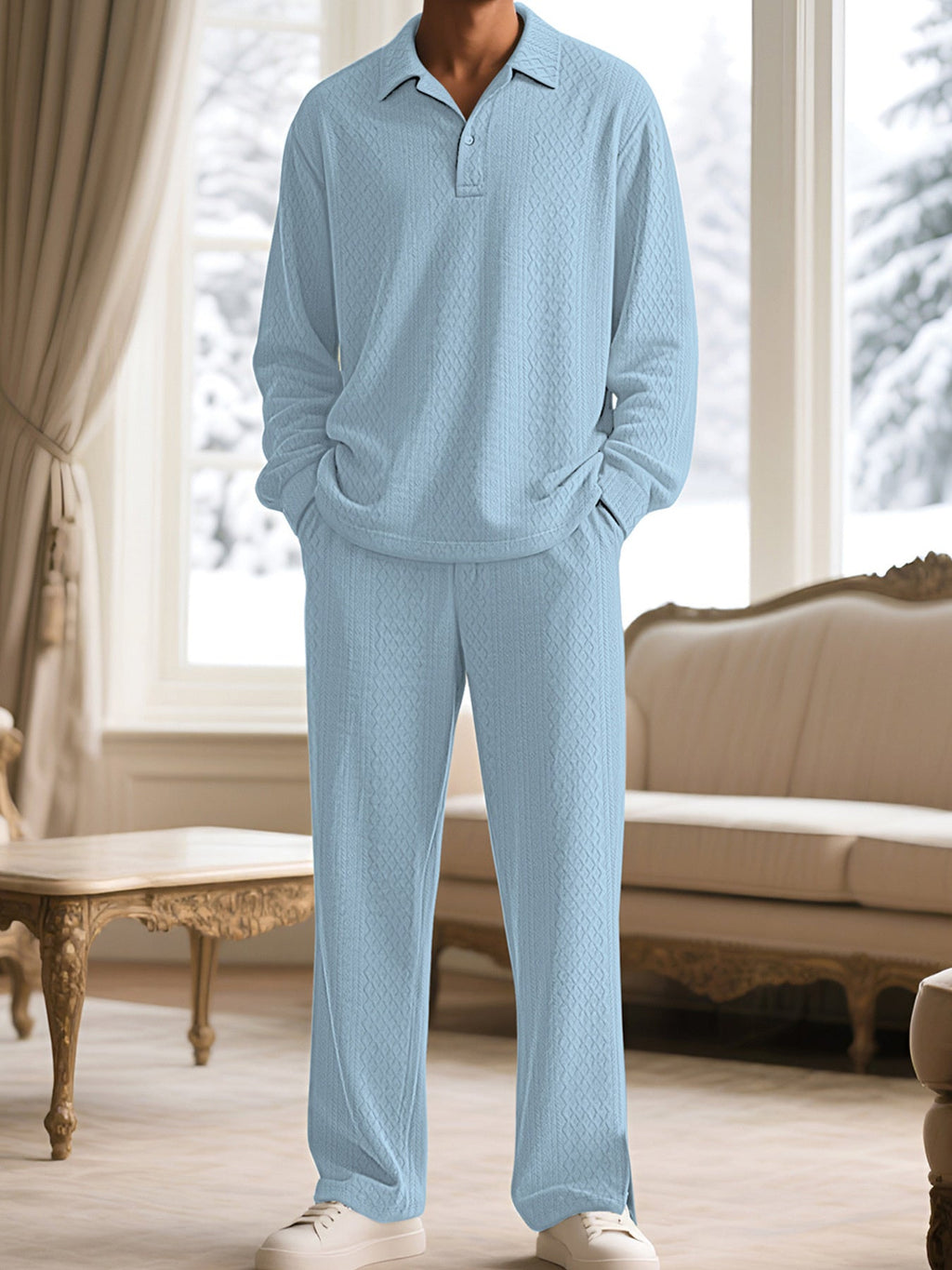 Men's Full Size Textured Long Sleeve Top and Pants Set Plus Size