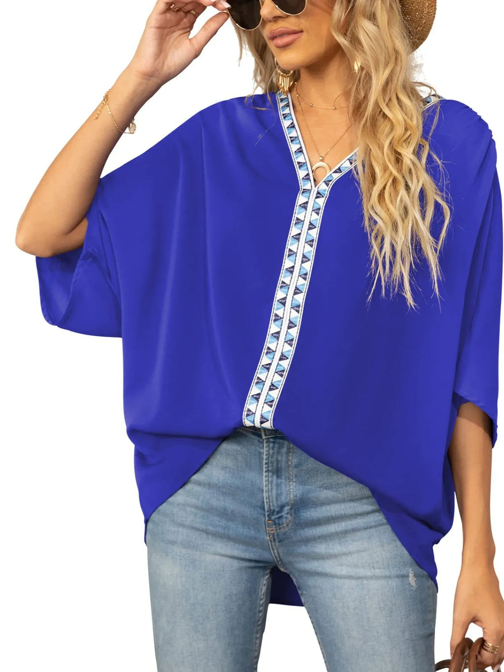 Printed Trim V-Neck Batwing Sleeve Blouse