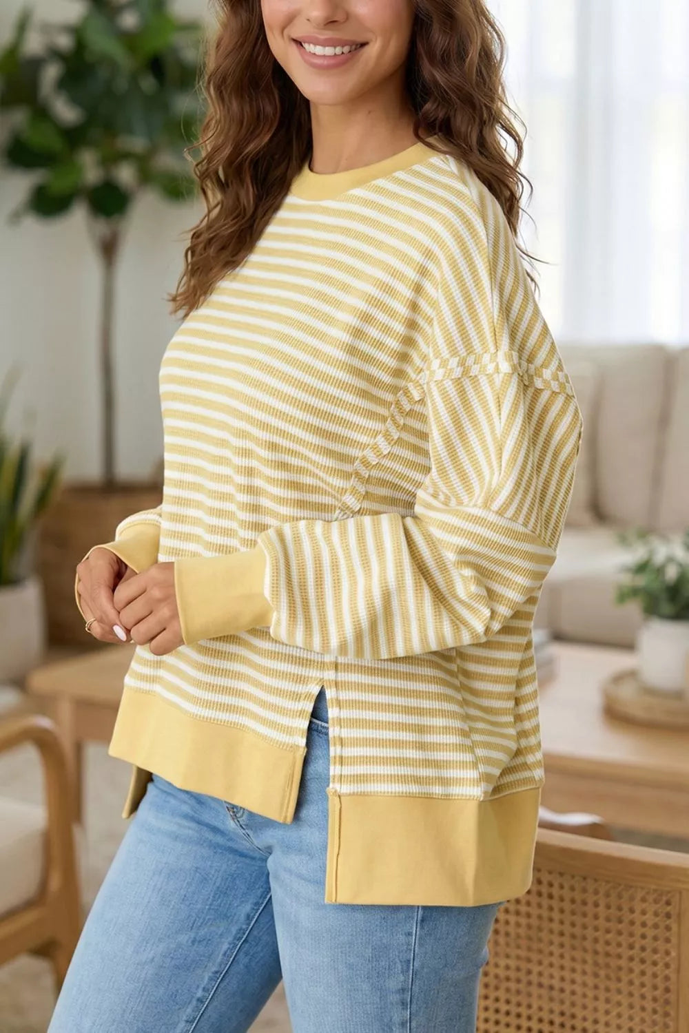 Stripe Textured Knit Color Block Trim Split Hem Long Sleeve Top