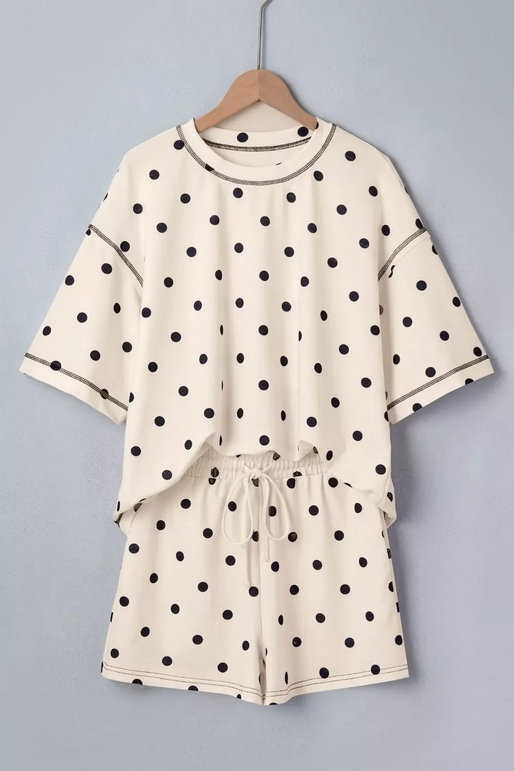 Exposed Seam Detail Polka Dot Loose Tee Drawstring Shorts Set