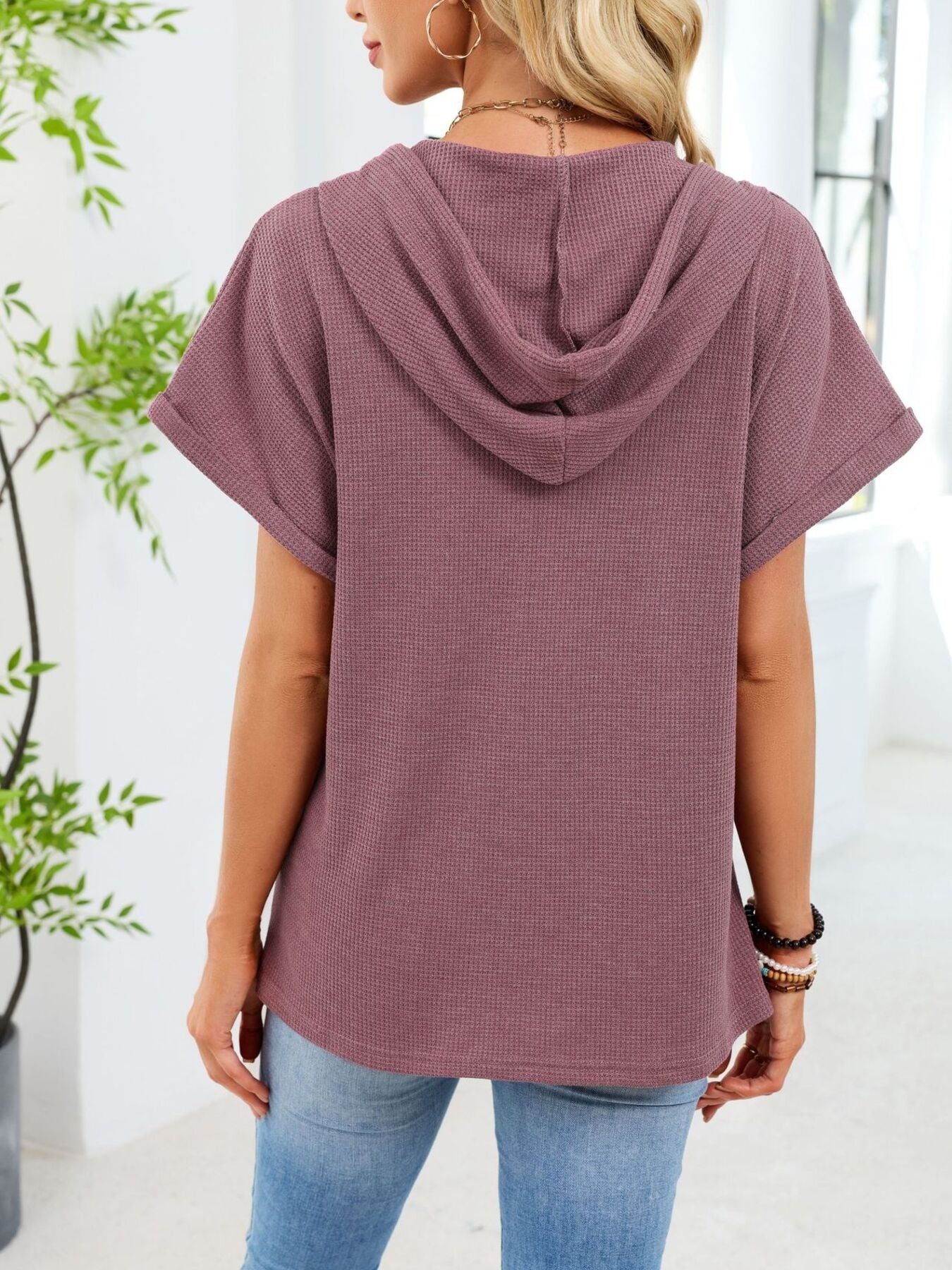 Casual Waffle Knit Button Detail Hooded Top