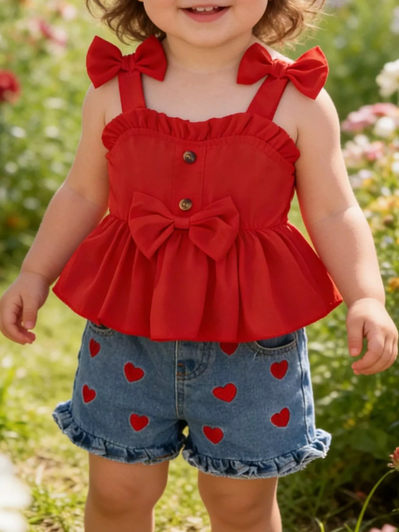 Children's Bowknot Top & Heart Denim Shorts Set
