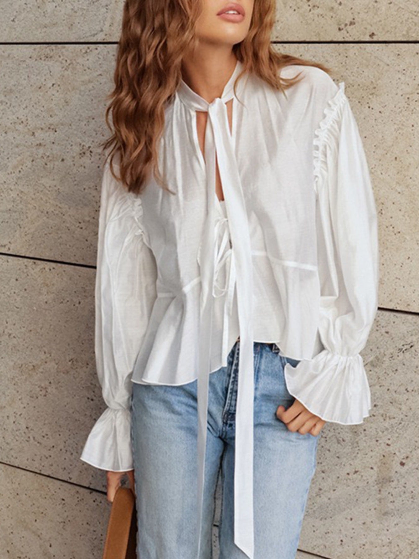 Ruffle Trim Tie Neck Blouse