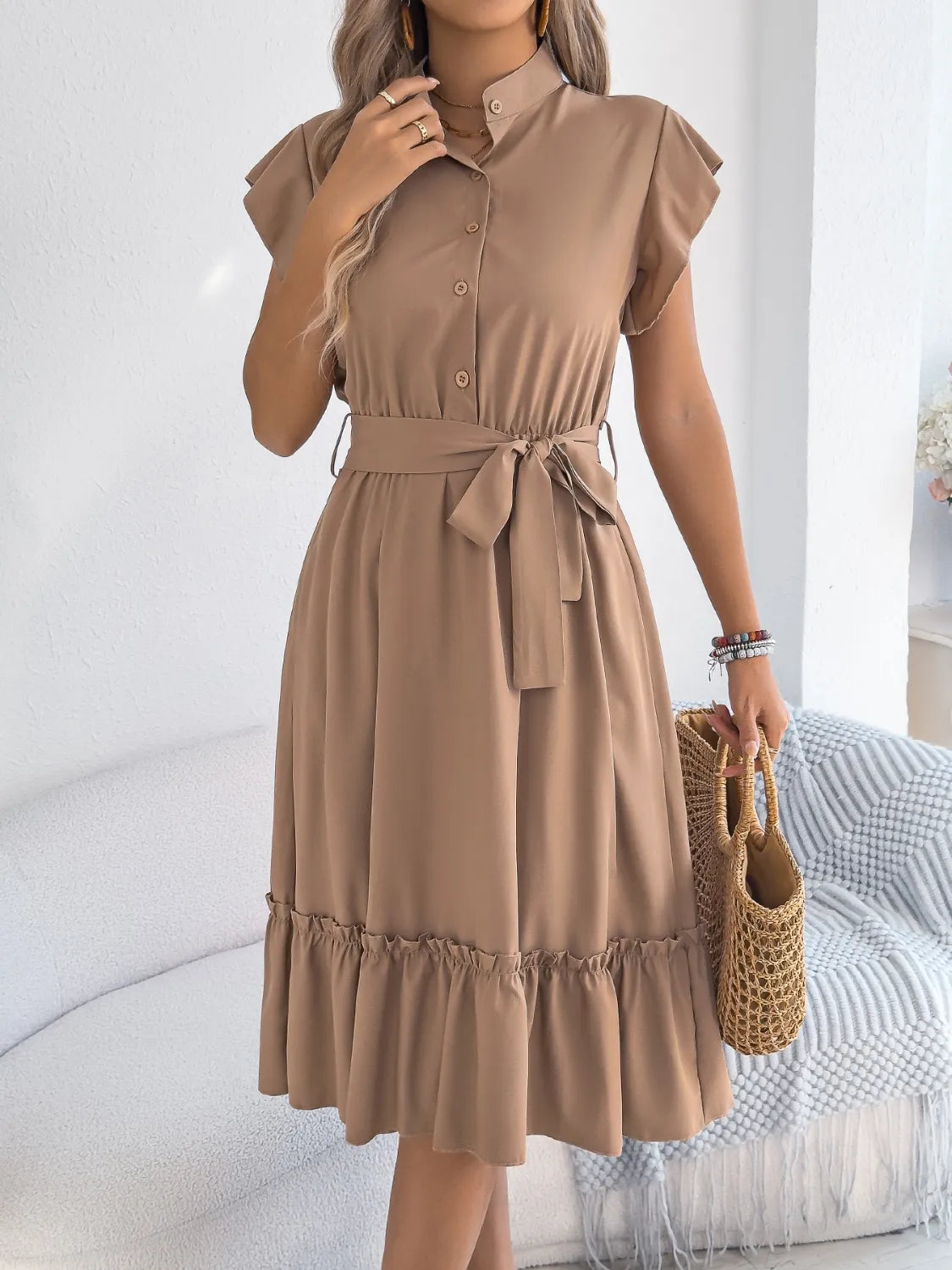 Tie Waist Ruffled Cap Sleeve Dress