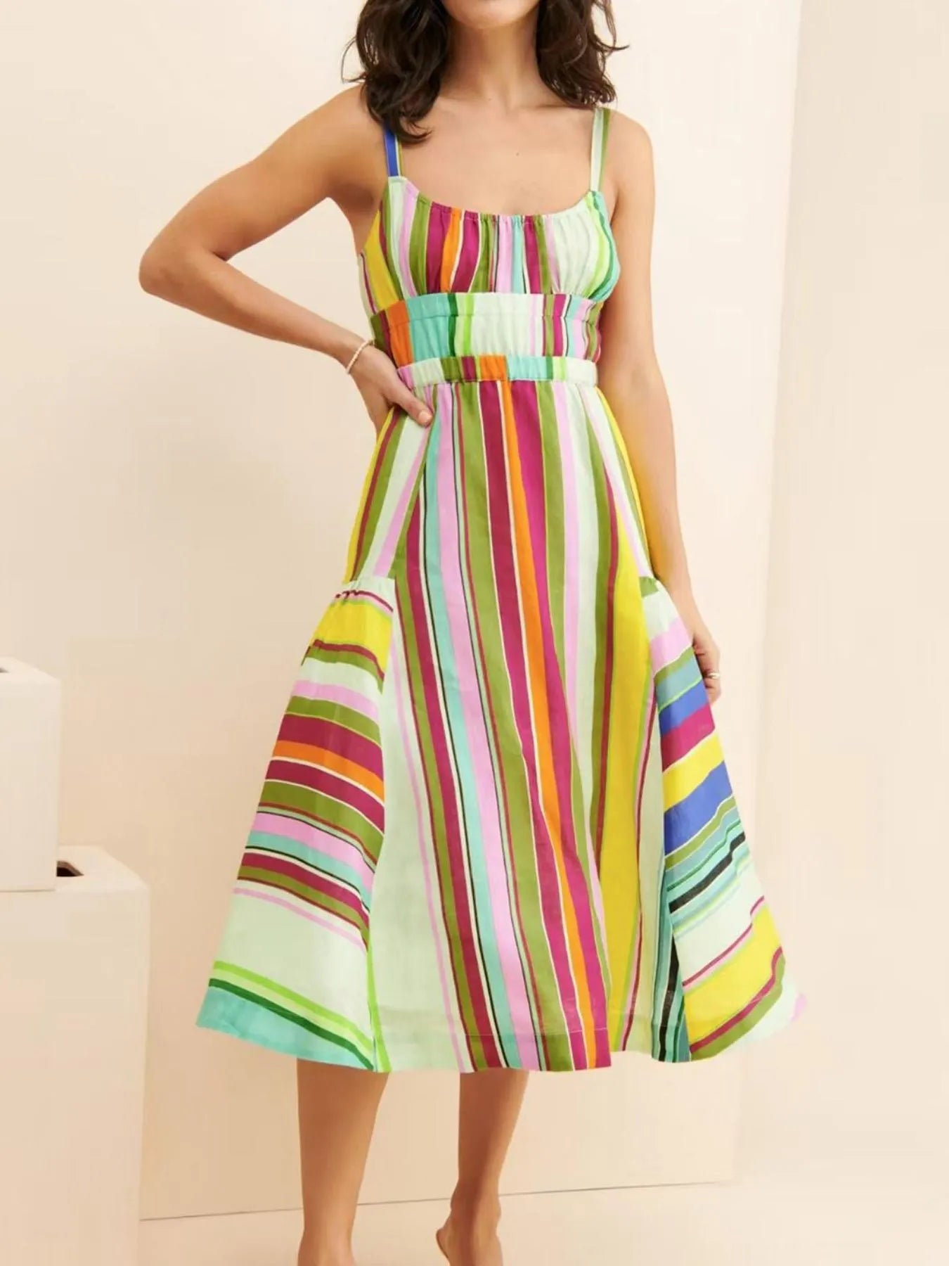 Colorful Striped Spaghetti Strap Midi Dress