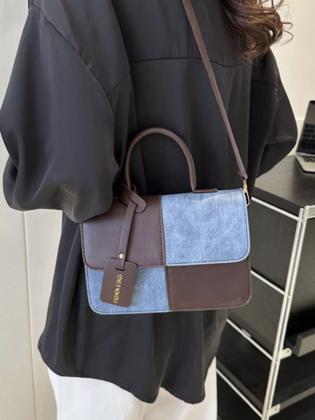 Two-Tone PU Leather Crossbody Bag