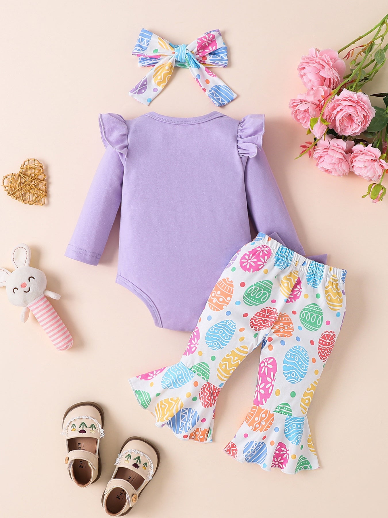 Children's Letter Ruffled Trim Bodysuit and Pants Set with Headband