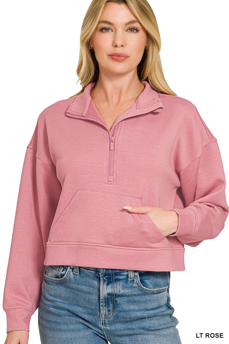Zenana Scuba Half Zip Pullover With Kangaroo Pockets