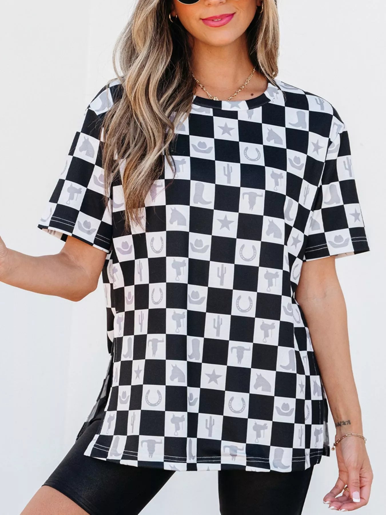 Western Checkerboard Print Side Split T Shirt