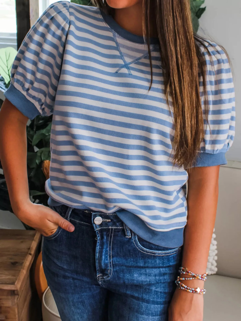 Stripe Short Bubble Sleeve T Shirt