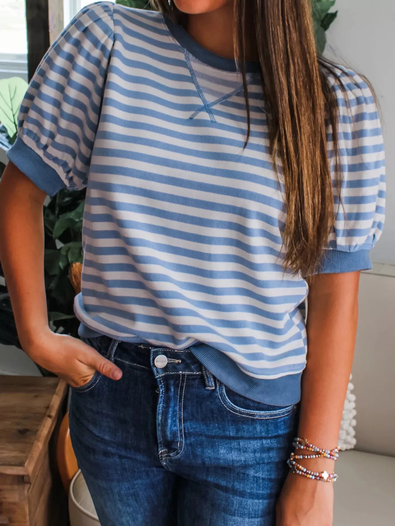 Stripe Short Bubble Sleeve T Shirt