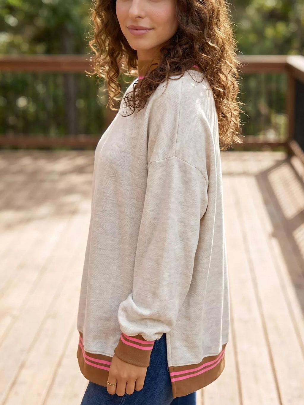Ribbed Stand Neck Long Sleeve Loose Fit Sweatshirt