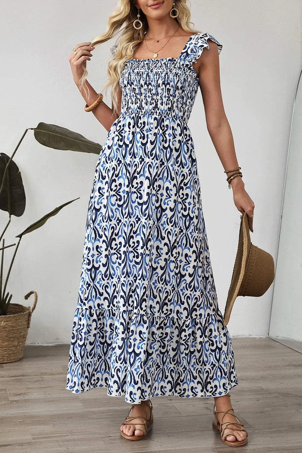 Smocked Printed Square Neck Dress