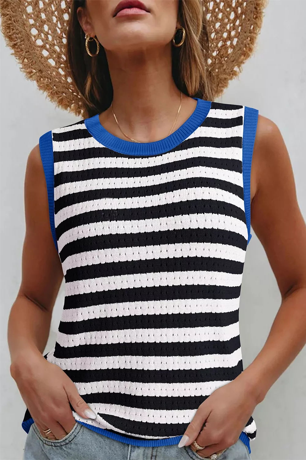 Stripe Pointelle Knit Contrast Trim Sleeveless Sweater Top