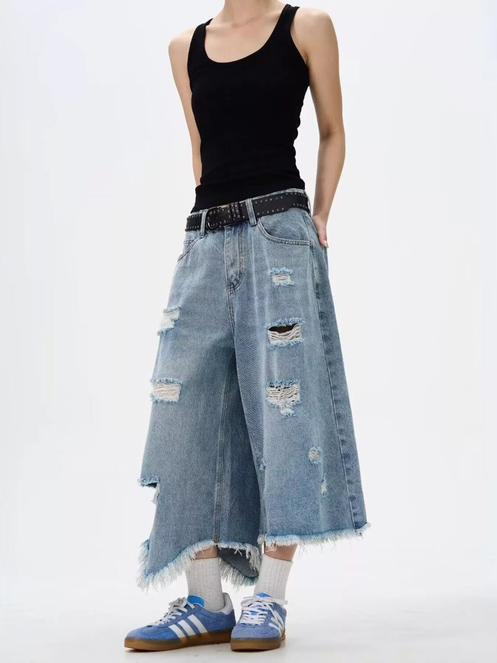 Men's Full Size Distressed Raw Hem Wide Leg Jeans Plus Size