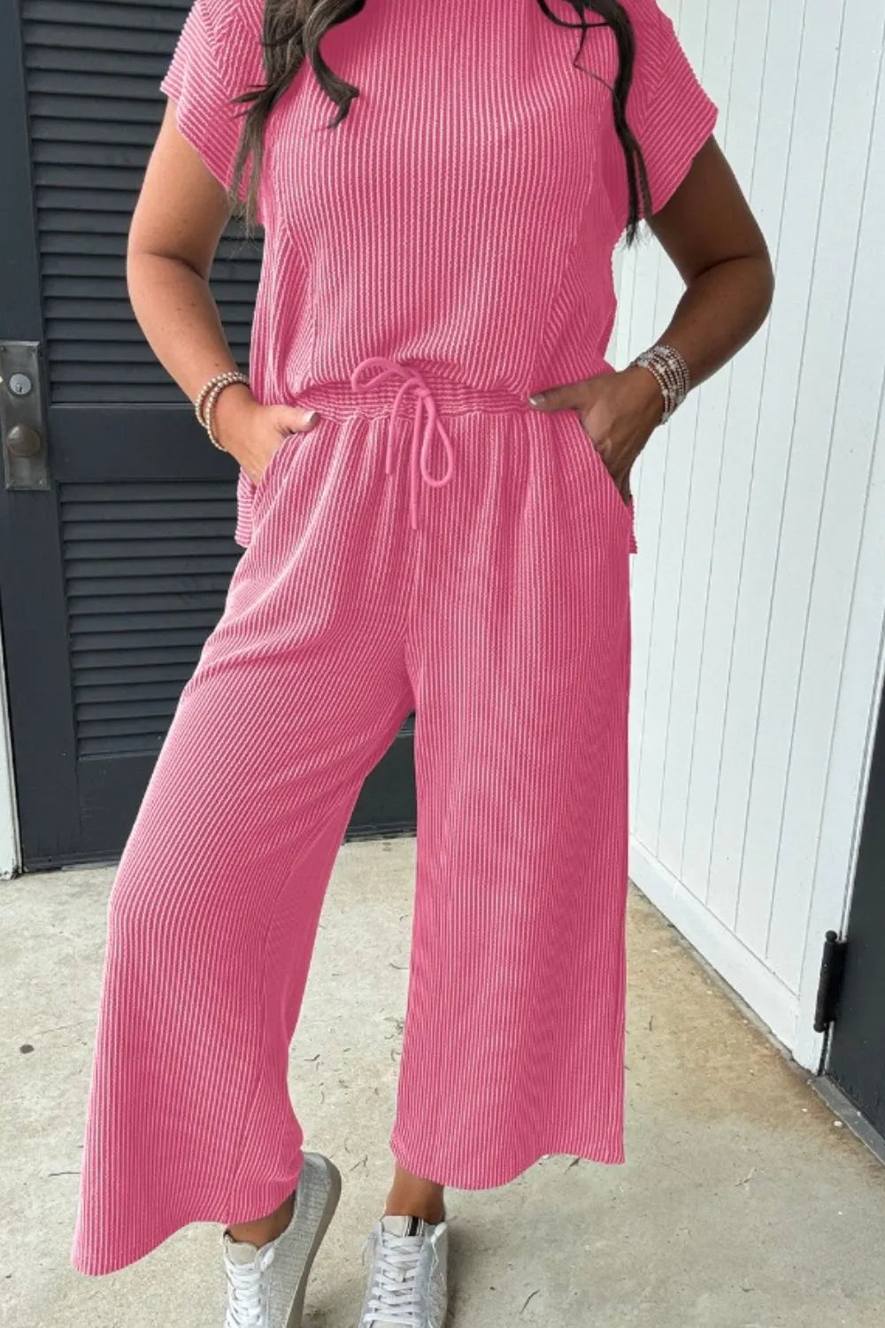 Corded Knit Short Sleeve T-Shirt and Wide Leg Pants Set