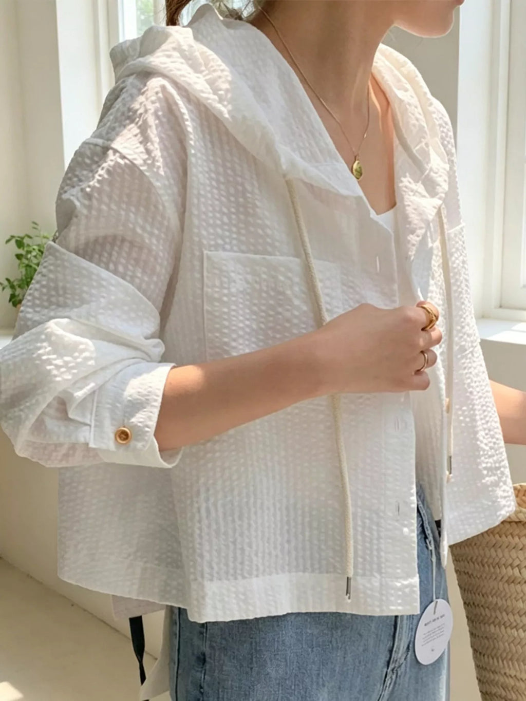 Striped Hooded Shirt with Drawstring Detail