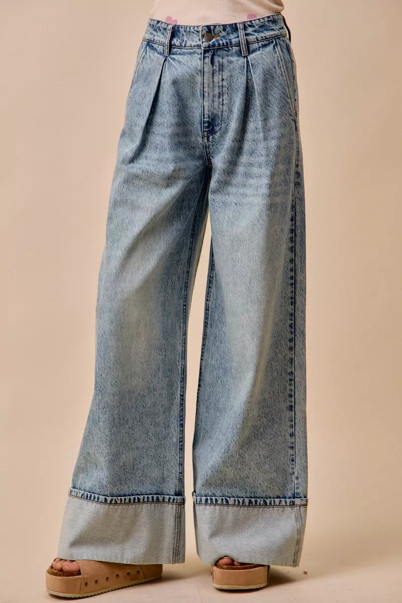 SO ME Mid Rise Plated Wid Leg Denim Jean