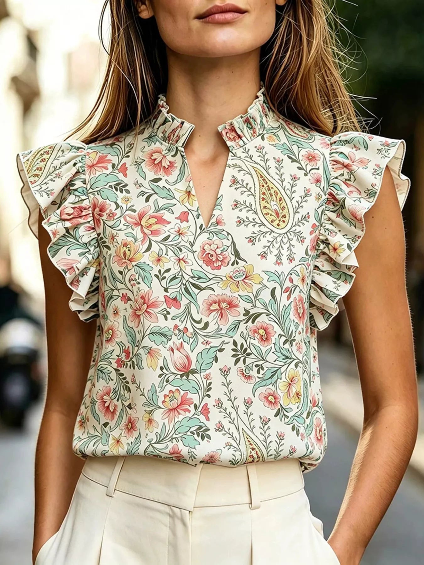 Printed Ruffle Sleeve Blouse
