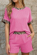 Leopard Trim Twist Ribbed Top and Shorts Set
