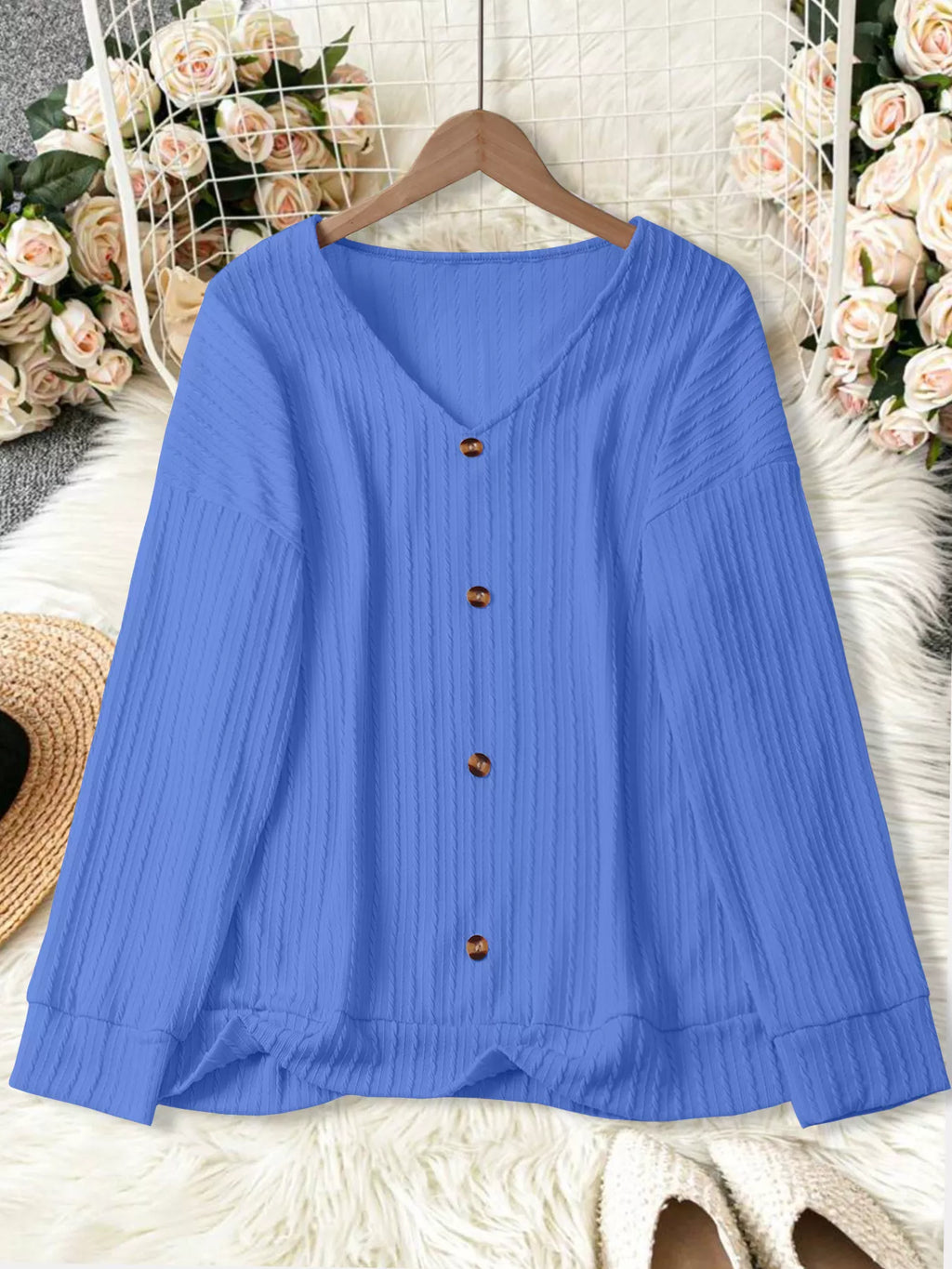 Plus Size V-Neck Dropped Shoulder Blouse