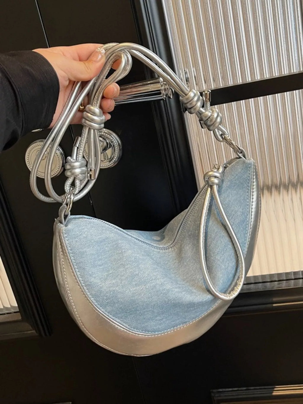 Denim Crescent Hobo Crossbody Bag