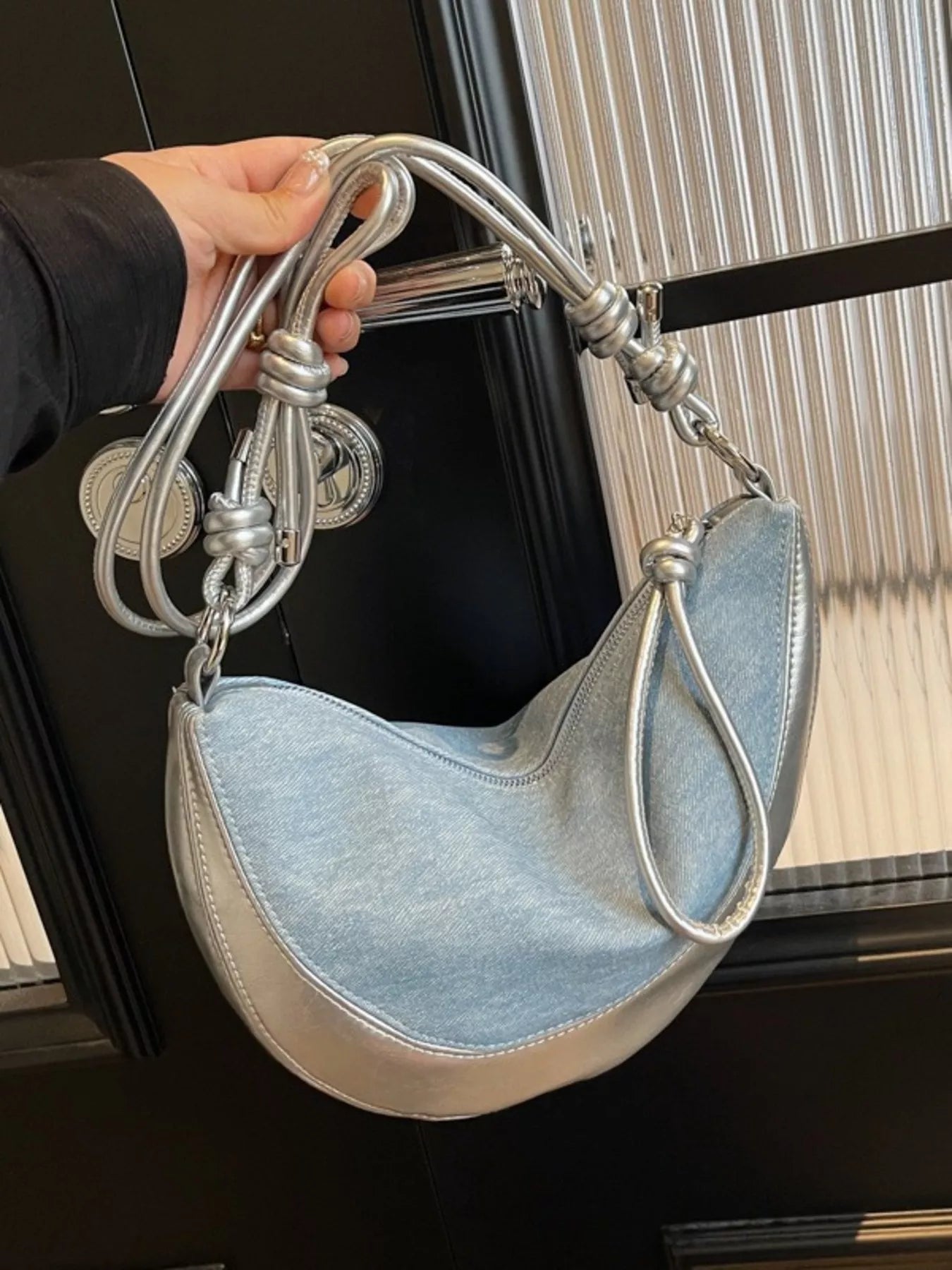 Denim Crescent Hobo Crossbody Bag