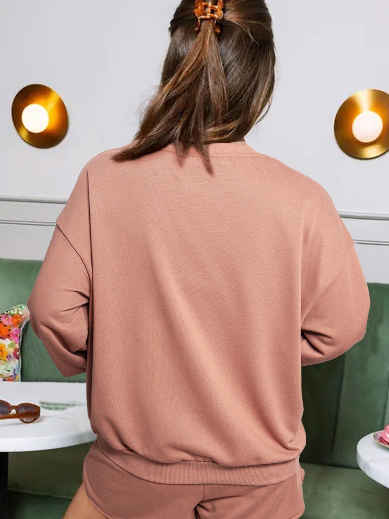 COFFEE Round Neck Sweatshirt and Shorts Set