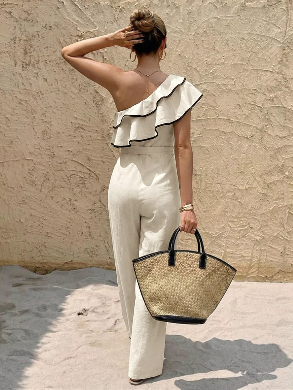 Ruffle One-Shoulder Wide Leg Jumpsuit