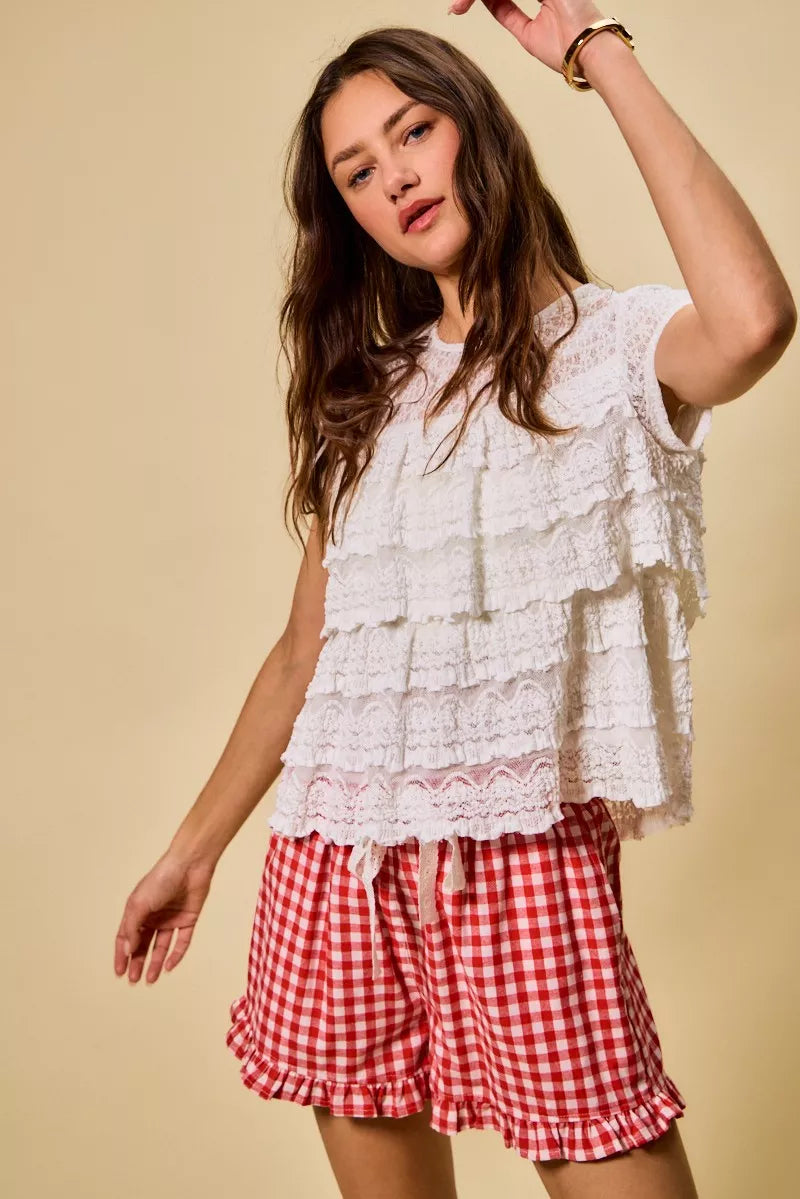 SO ME Ruffle Tiered Stretch Lace Short Sleeves Knit Top