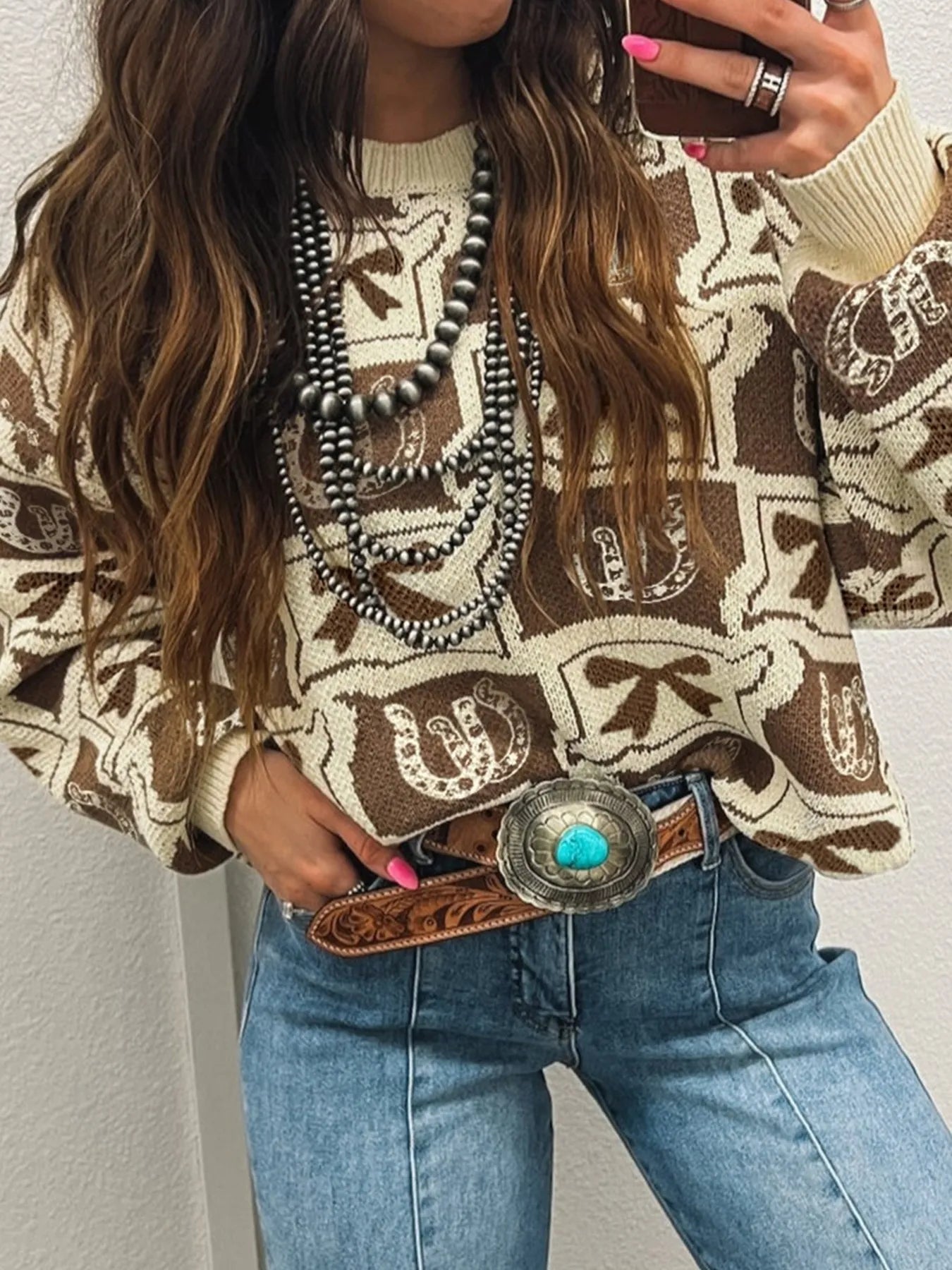 Graphic Round Neck Long Sleeve Sweater