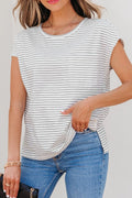 Stripe Cap Sleeve Crew Neck Casual Tee with Chest Pocket