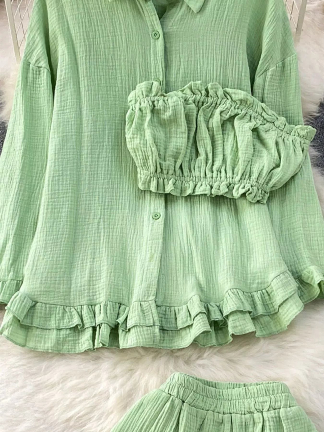 Tube Top & Long Sleeve Shirt & Shorts 3 Piece Set