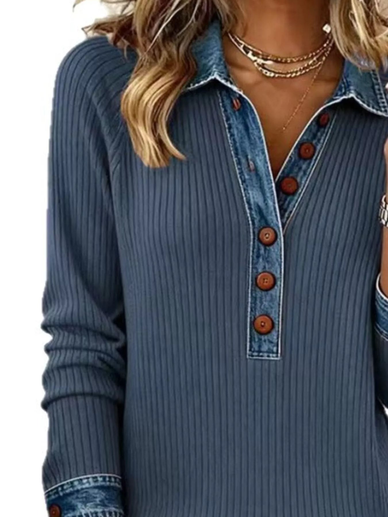 Full Size Denim Trim Button Front Ribbed Knit Top Plus Size