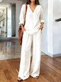 V-Neck Top and Wide-Leg Pants Set