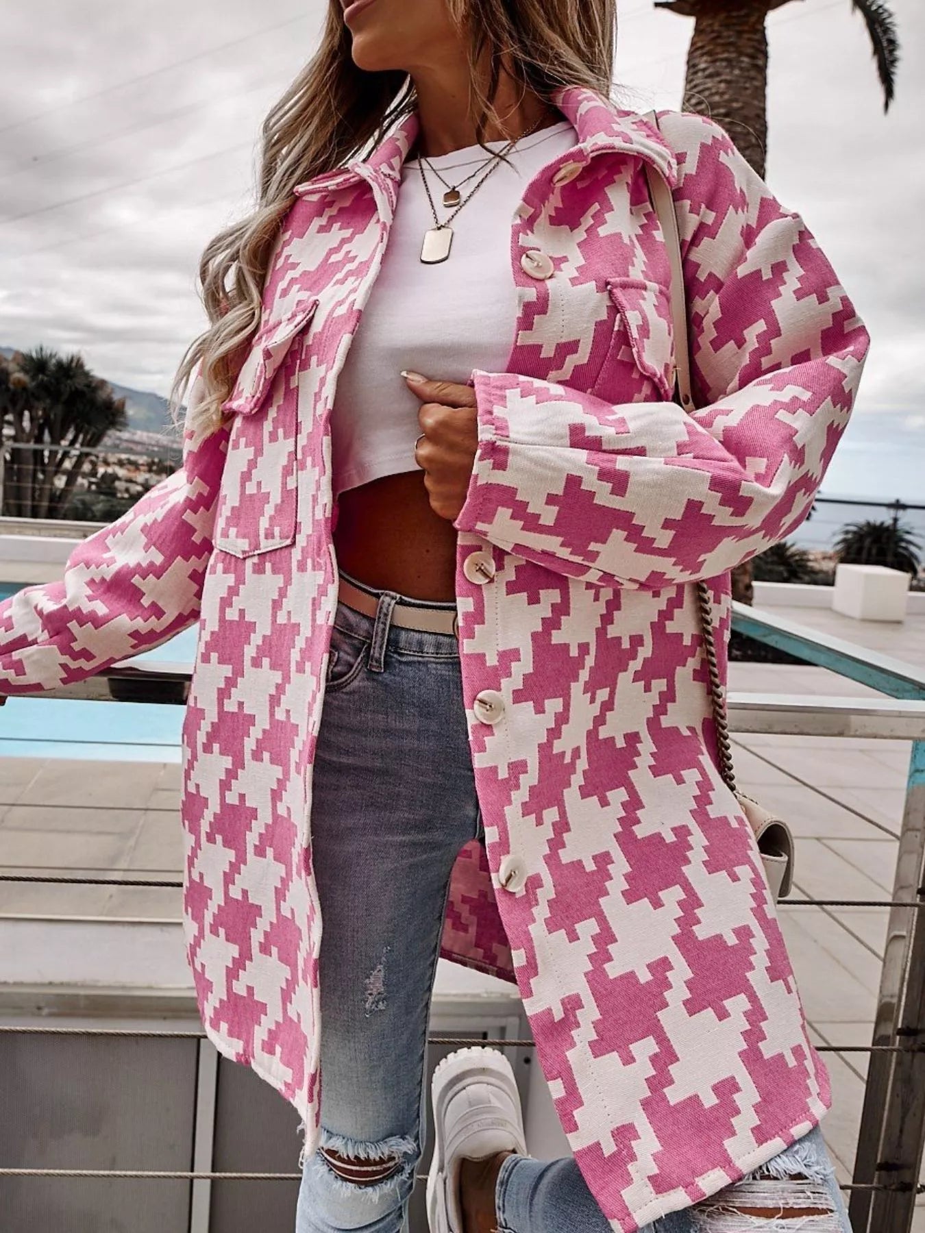 Houndstooth Button Up Long Sleeve Outerwear