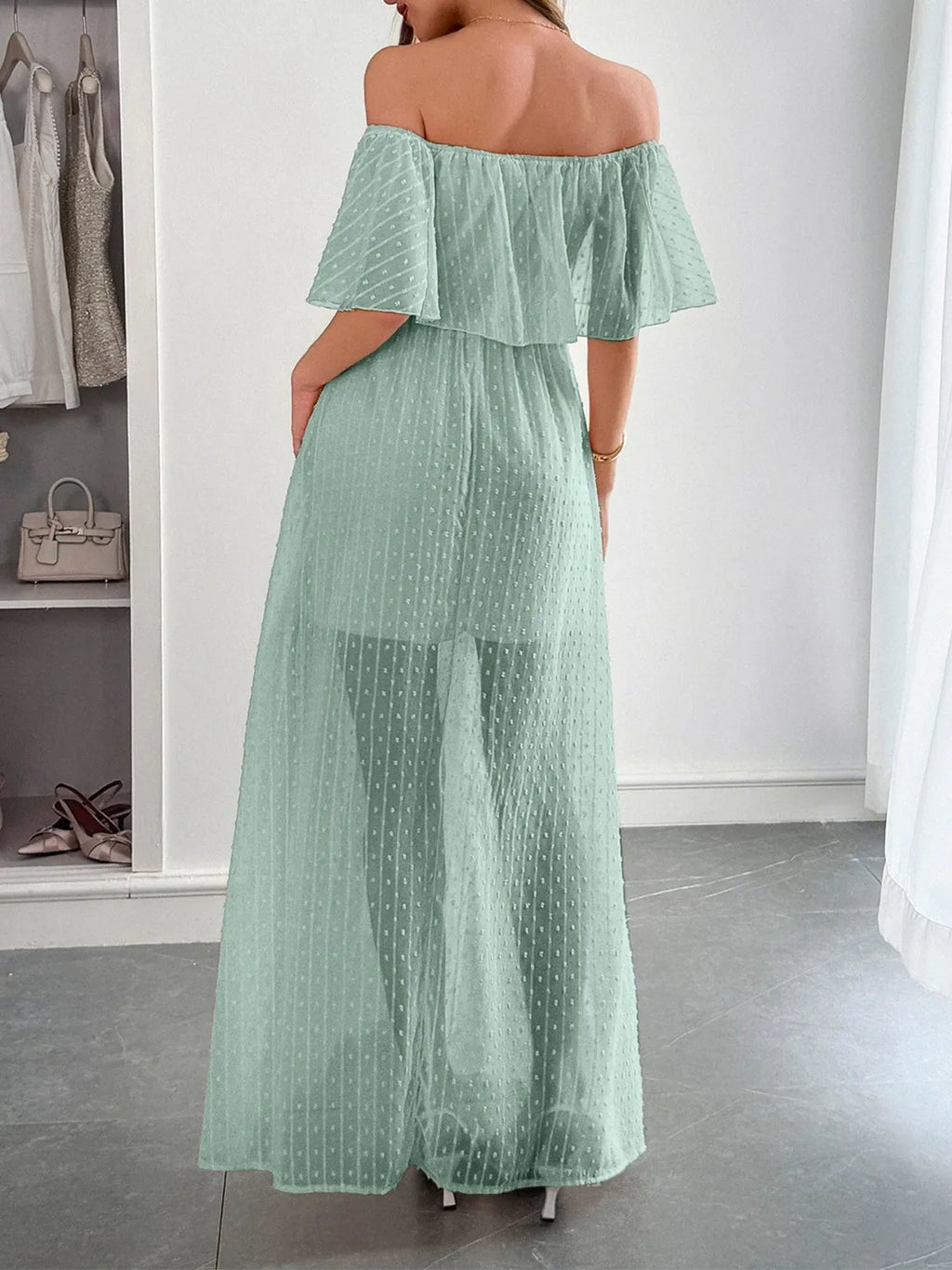 Swiss Dot Off Shoulder Maxi Dress
