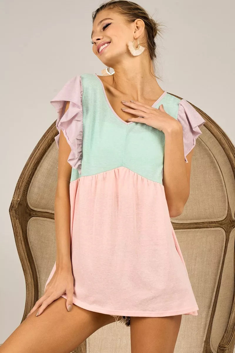 BiBi Triblend Color Block Ruffled Sleeve Babydoll Top