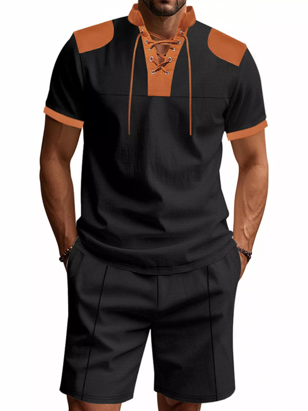 Men's Full Size Lace-Up Collar Casual Top and Shorts Set Plus Size