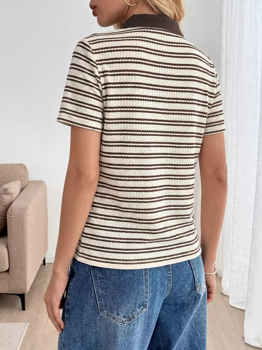 Striped Polo Collar Short Sleeve Top