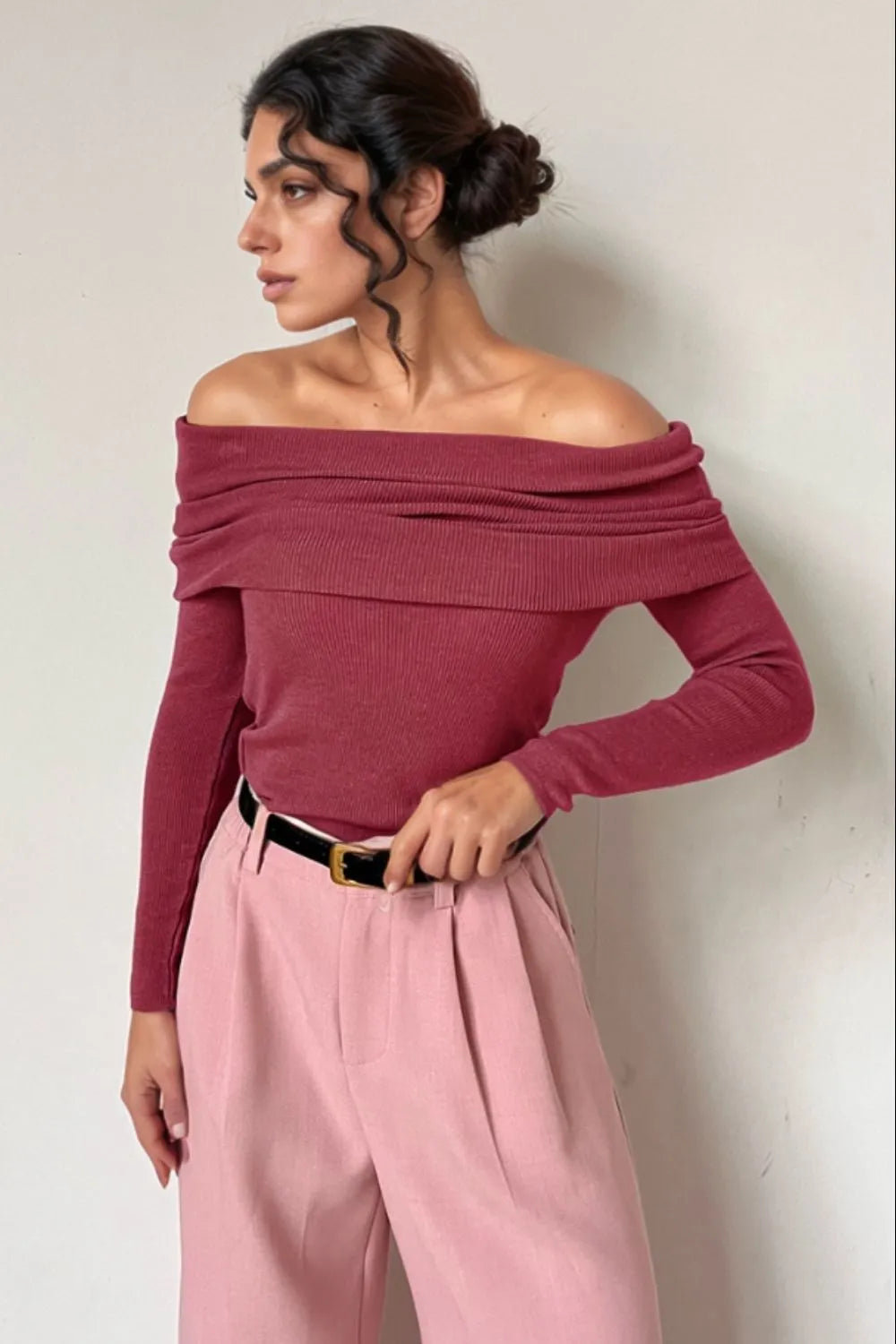 Off-Shoulder Long Sleeve Knit Top
