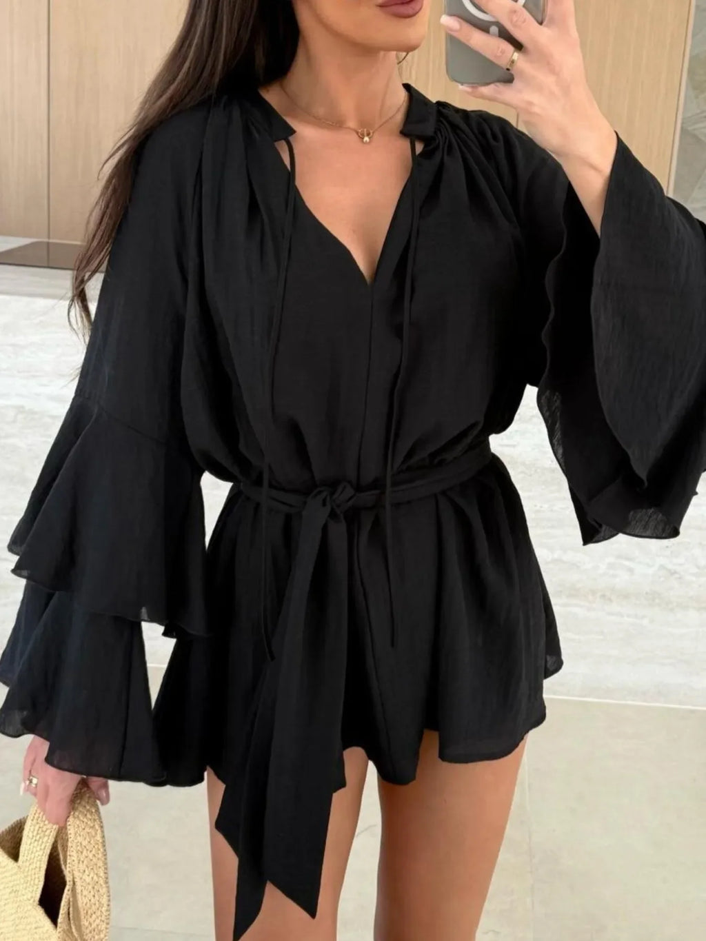 Bell Sleeve Tie Waist Mini Shirt Dress