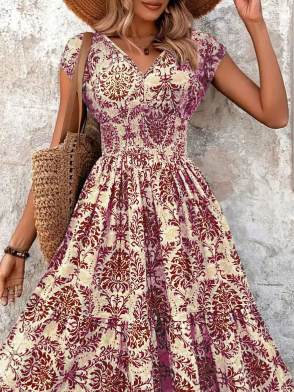 Full Size Printed V-Neck Tiered Maxi Dress Plus Size