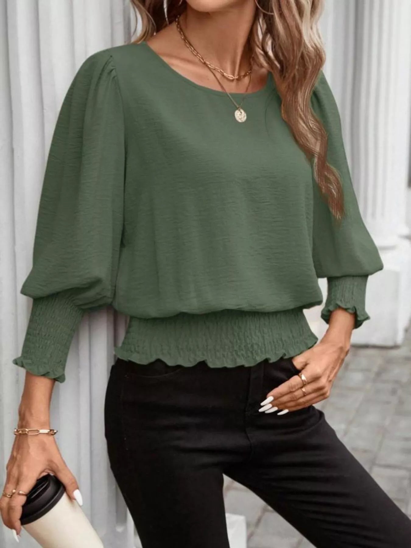 Smocked Waist Round Neck Blouse