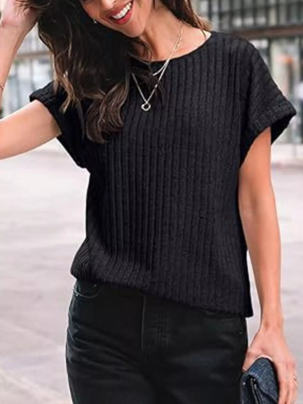 Casual Ribbed Knit Short Sleeve T-Shirt